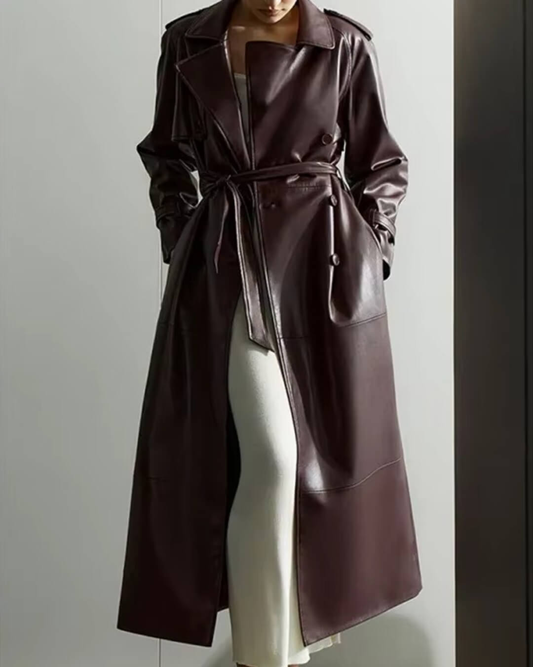 Women’s Winter Leather Maxi Trench Coat