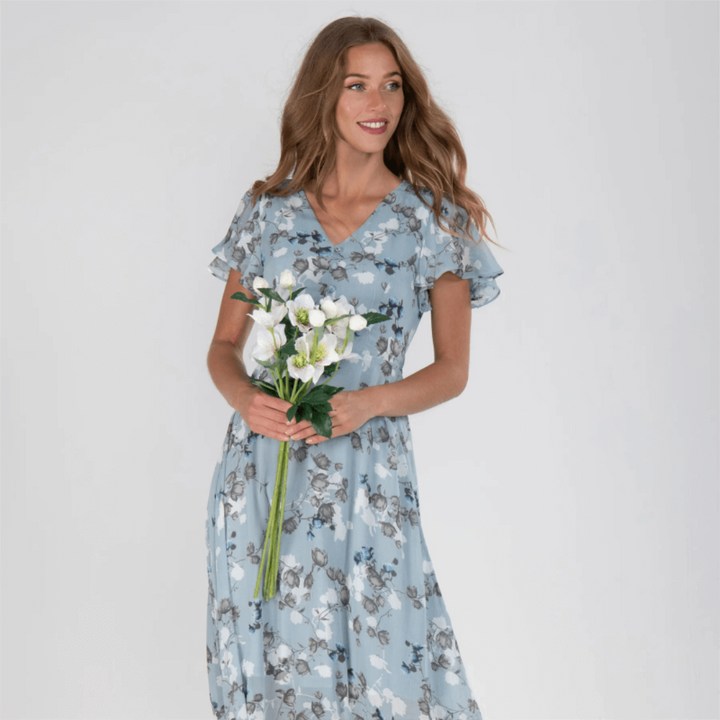 Vestido largo floral de manga corta para mujer