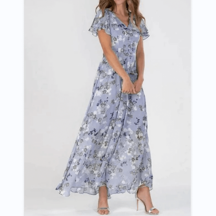 Vestido largo floral de manga corta para mujer