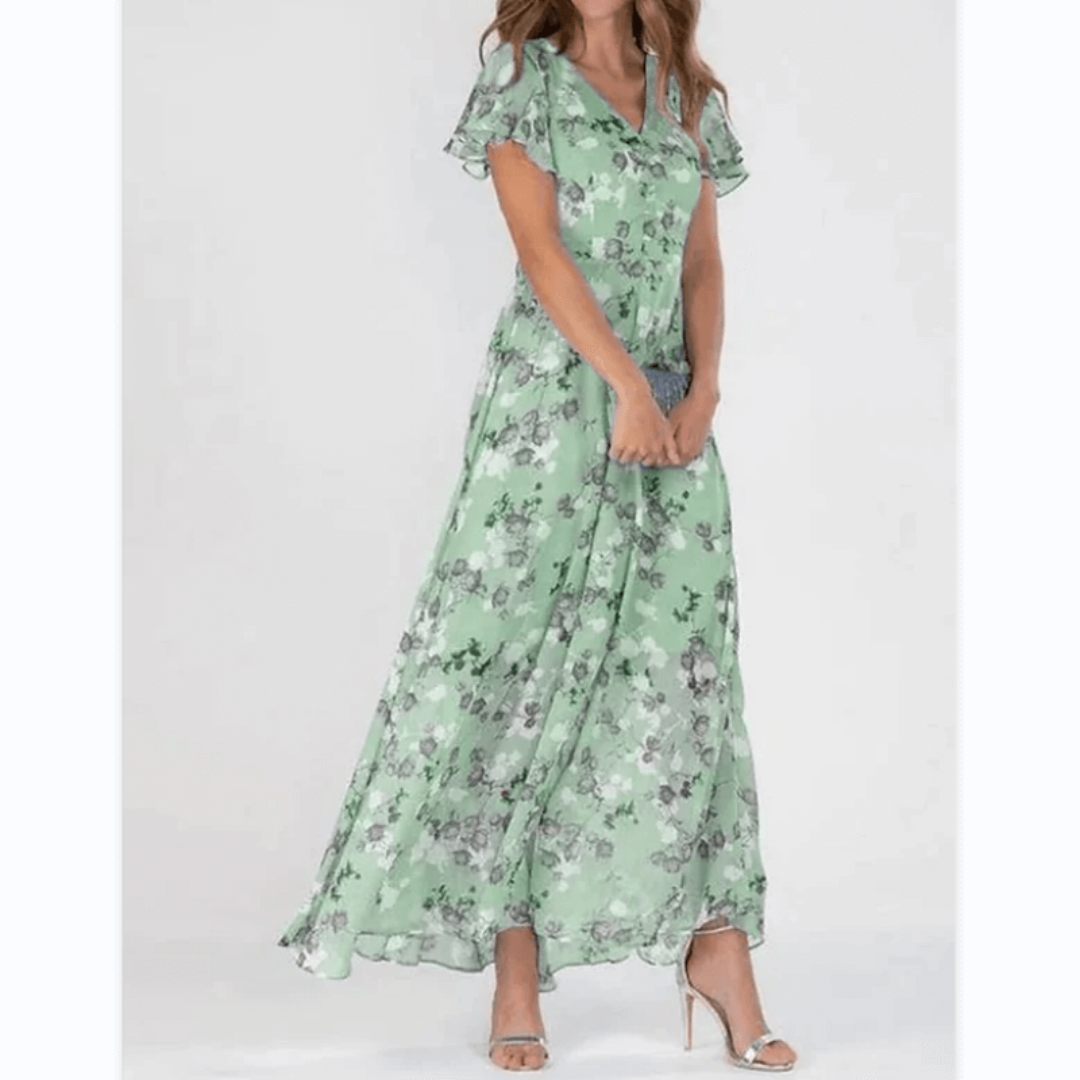 Vestido largo floral de manga corta para mujer