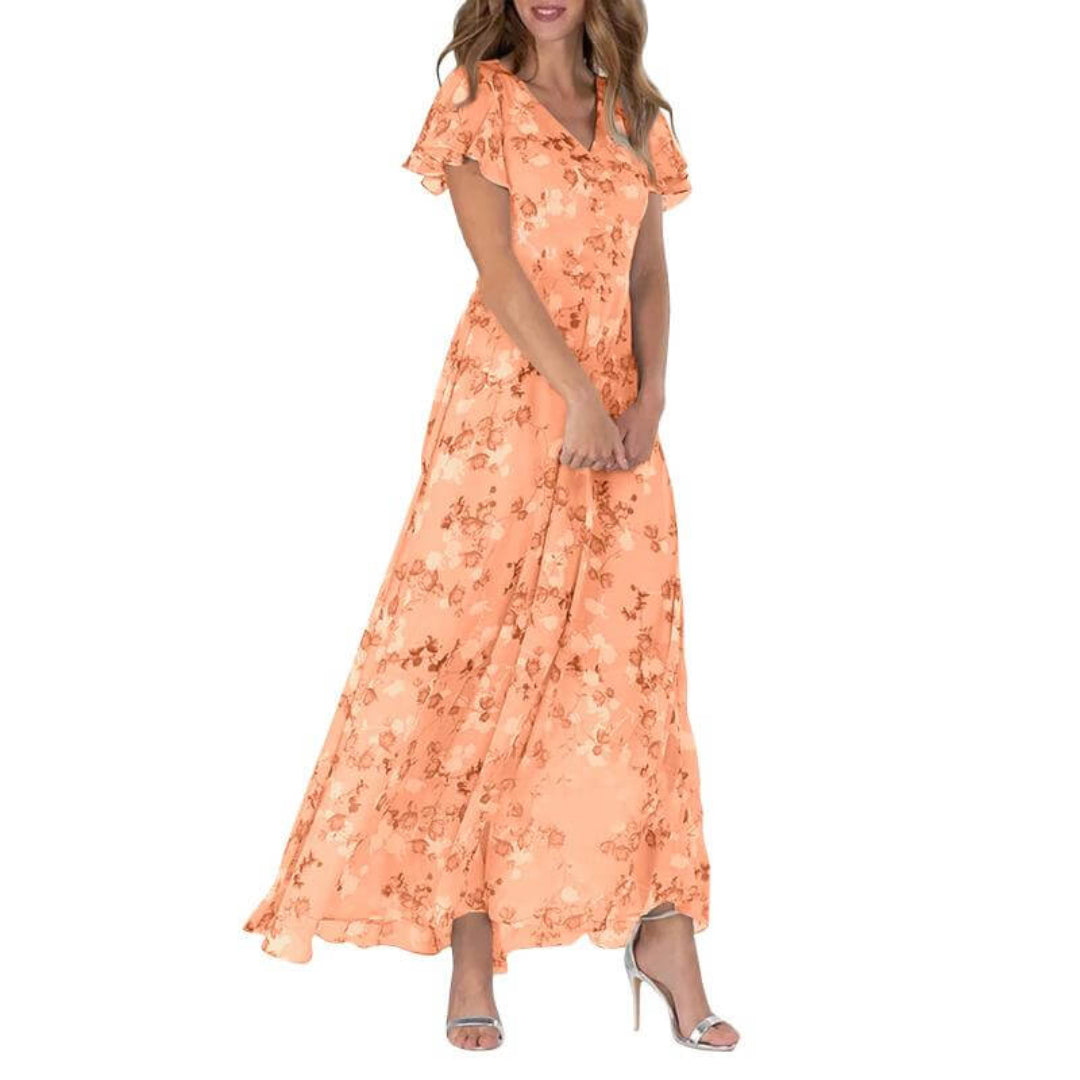 Vestido largo floral de manga corta para mujer