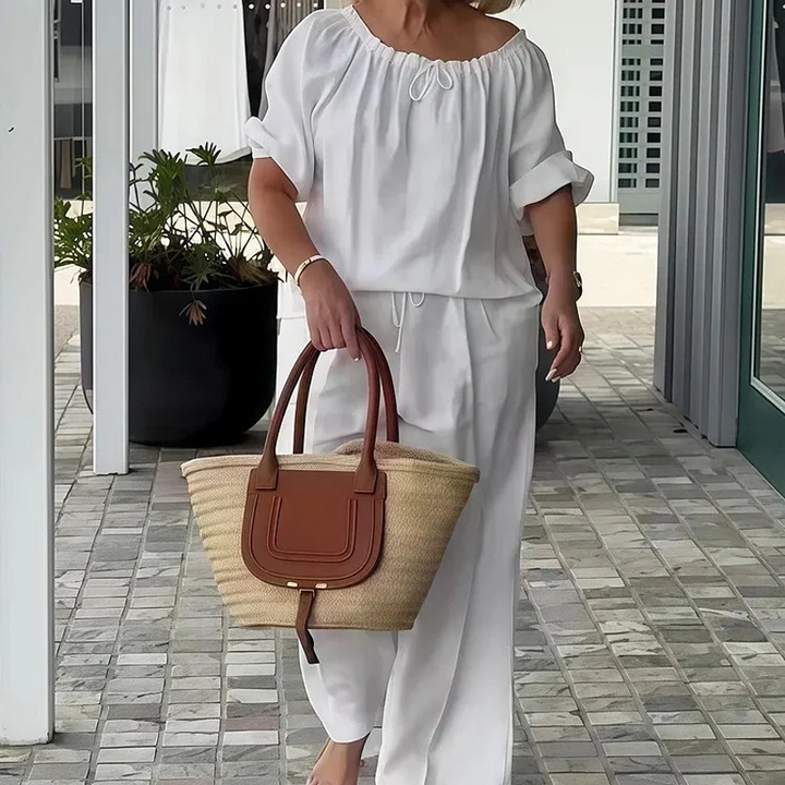 Conjunto de 2 piezas de top y pantalón con cordón ajustable para mujer – Ajuste relajado, cómodo y perfecto para descansar o para el estilo diario 🌸