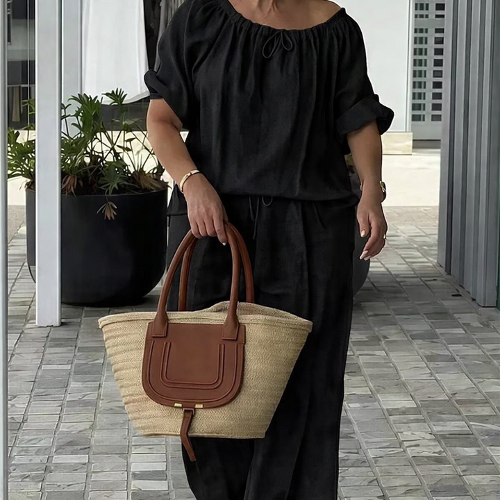 Conjunto de 2 piezas de top y pantalón con cordón ajustable para mujer – Ajuste relajado, cómodo y perfecto para descansar o para el estilo diario 🌸