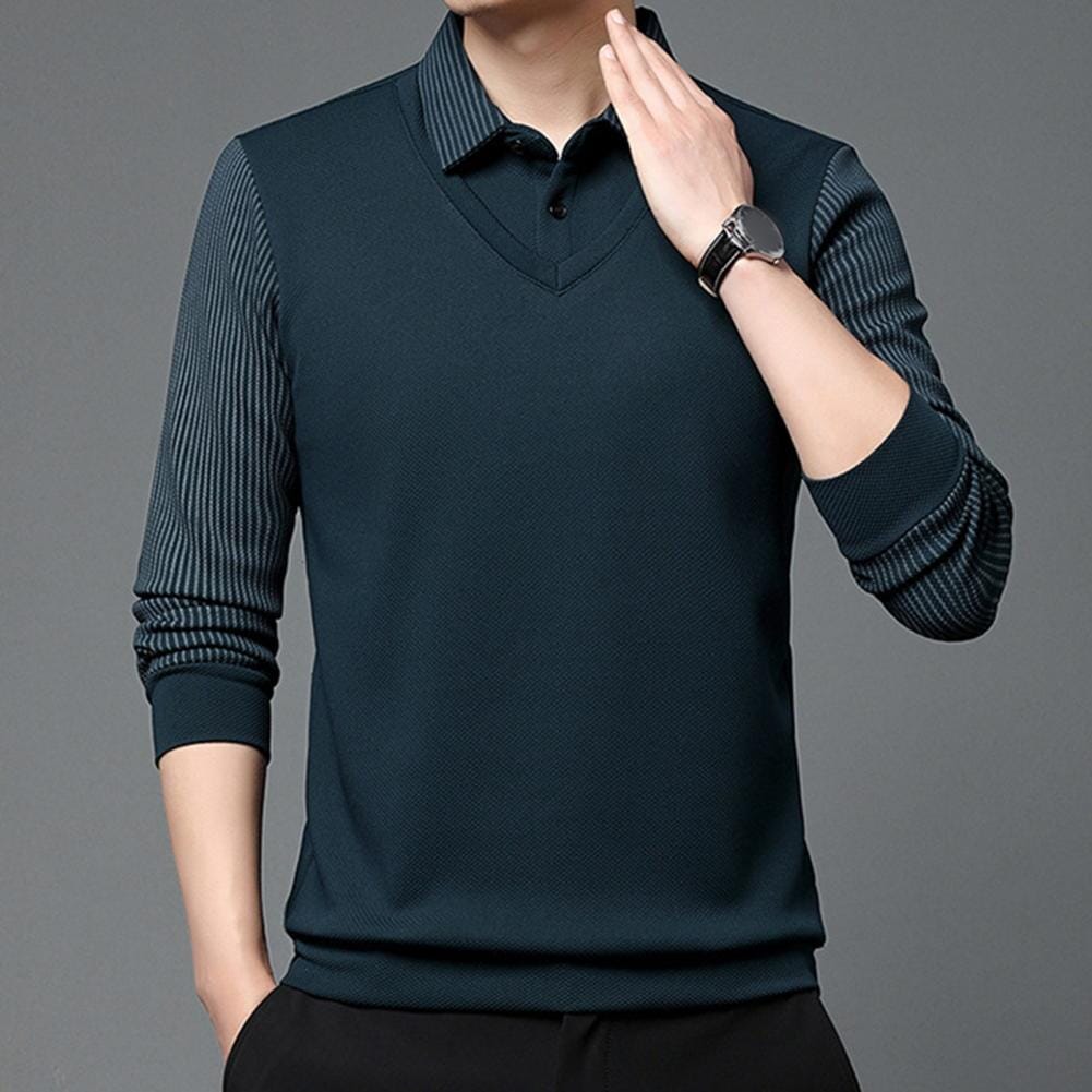 Elegante conjunto de camisa de dos piezas con cuello a rayas