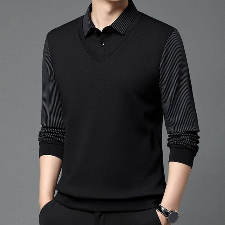Elegante conjunto de camisa de dos piezas con cuello a rayas