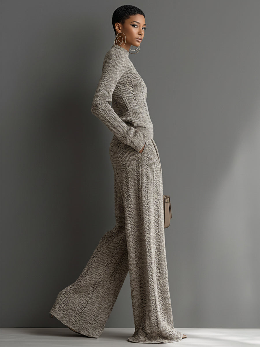 Women's Taupe Elegant Knit Textured Sweater & Wide - Leg Pants Set