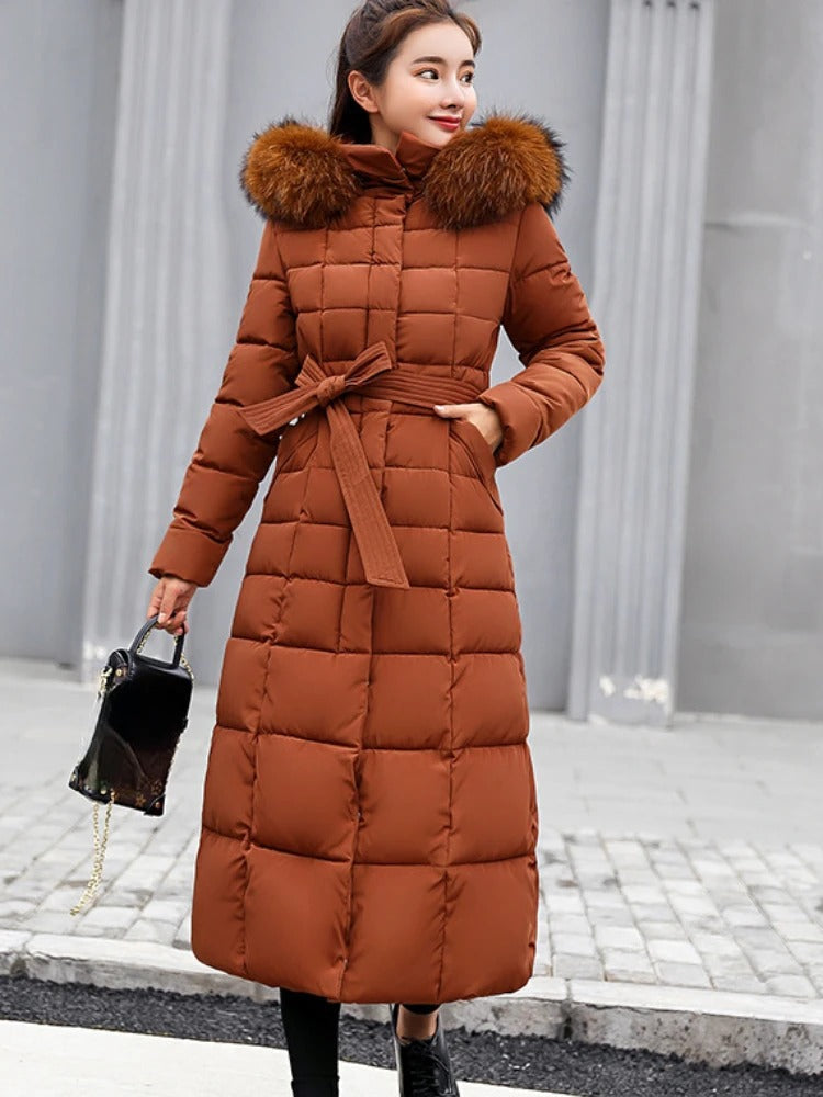 Women’s Belted Long Winter Puffer Coat