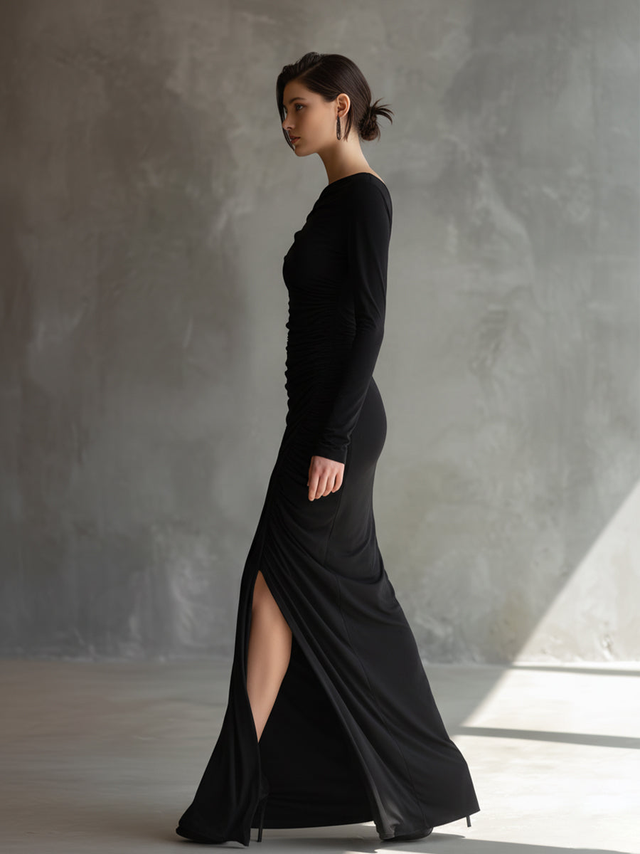 Women's Black Elegant Jersey Off - Shoulder Ruched Slit Maxi Dress