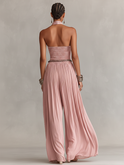 Women's Blush Pleated Jumpsuit With Halter Neck & Ruched Waist, Timeless Romantic-Elegant Style Jumpsuit (without Belt)