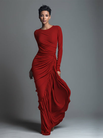 Women's Black Elegant Jersey Knit Ruched Maxi Dress