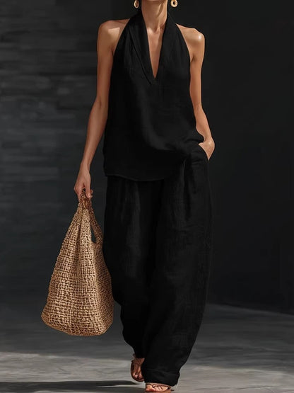 Amelia | Faux Linen V-Neck Top & Wide-Leg Pants Set