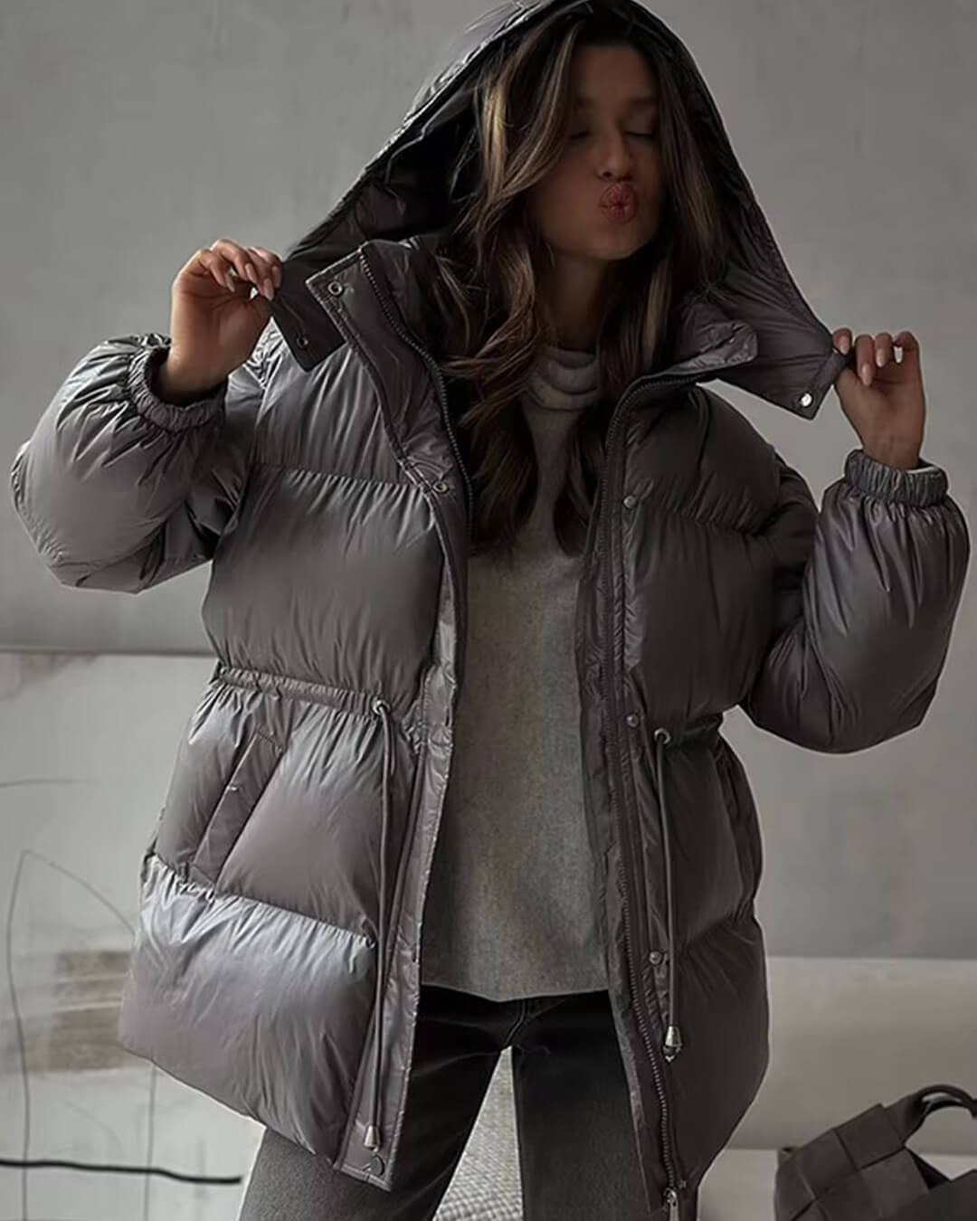 Winter Drawstring Shiny Puffer Jacket